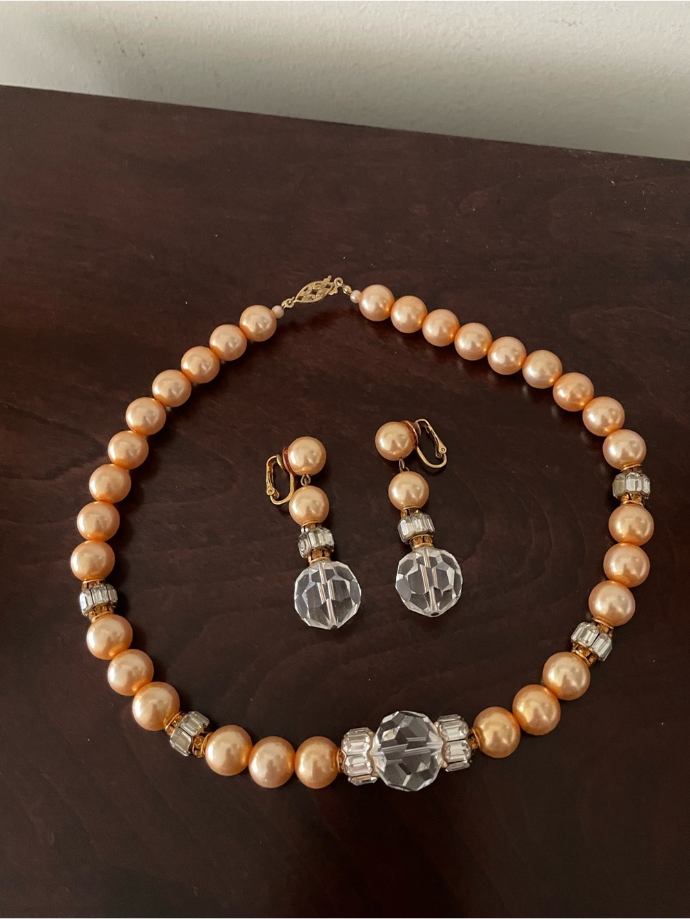 Gold-Tone Pearl Necklace and Swarovski Crystal Drop Earrings Set